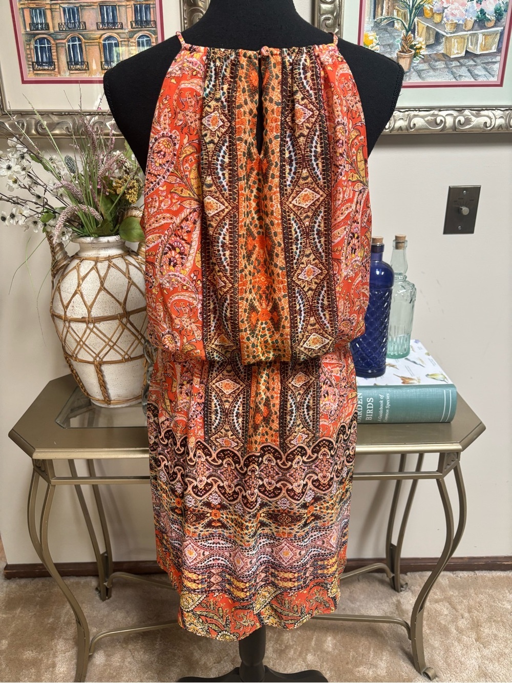 London Times Orange Multi-Print Paisley Halter Midi Dress Boho-Chic Size 8 - Picture 3 of 9